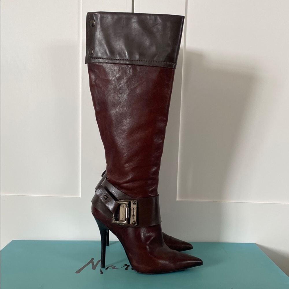 Brown Heeled Boots with Stiletto Heel and Buckle